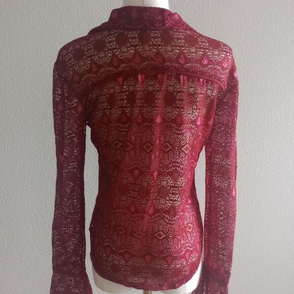 Y2K Red Sheer Flared Lace Ann Ferriday Blouse - Picture 2 of 4